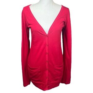 Tresics Button Up V Neck Lightweight Cotton Cardigan Pockets Long Sleeve Wine L